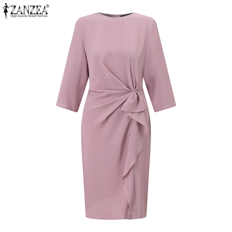 ZANZEA Summer Women Half Sleeved Party Sundress Elegant Office OL Dress Fashion Holiday Work Vestidos Solid Knee Length Robe