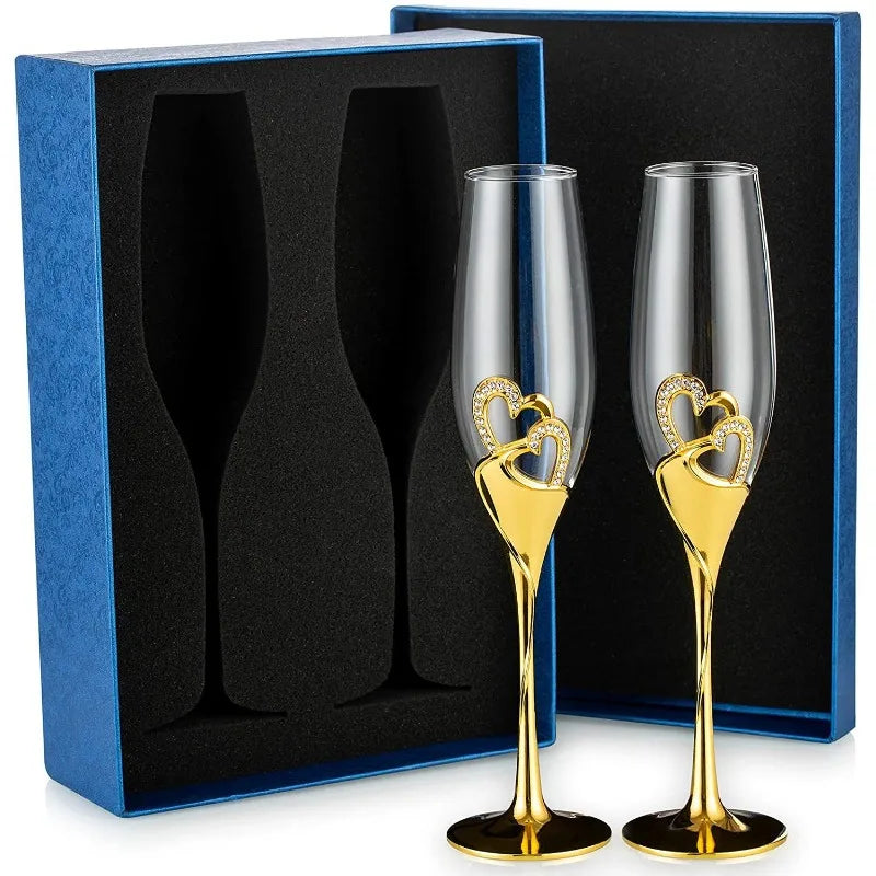 2PCs  Crystal Goblet Wedding Wholesale  Couple Cups Goblet Sparkling Wine Glass Simple Heart-Shaped Champagne Glass