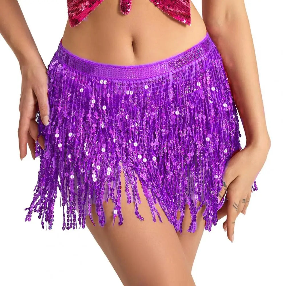 Exotic Style Belly Dance Skirt Sequin Tassel Waist Hip Scarf Tie Up Adjustable Skirt Mesh Mini Skirt Wrap Stage Performance