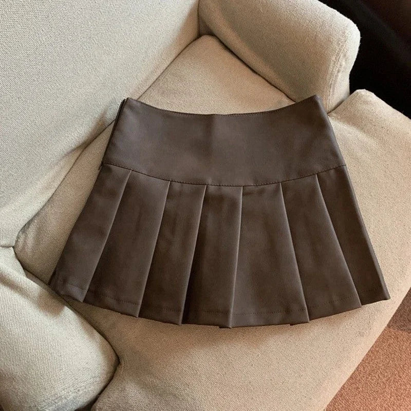 XS-3XL Y2K Pu Leather Mini Skirts Women Streetwear High Waist Pleated Skirt Vintage Korean Black Slim Casual A Line Skirts