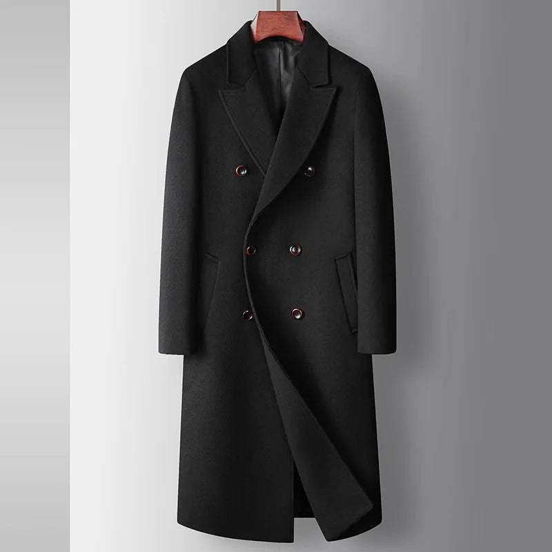 Autumn Winter Men's Wool Blends Coats Fashion Double Breasted Smart Casual Long Woolen Trench Men Trun Down Collar Outerwear