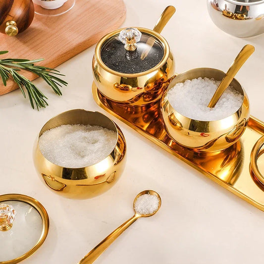 Gold and Silver Household Kitchen Condiment Pots for Serving Sugar Pepper Salt Spice Stainless Steel Sugar Bowl with Lid & Spoon