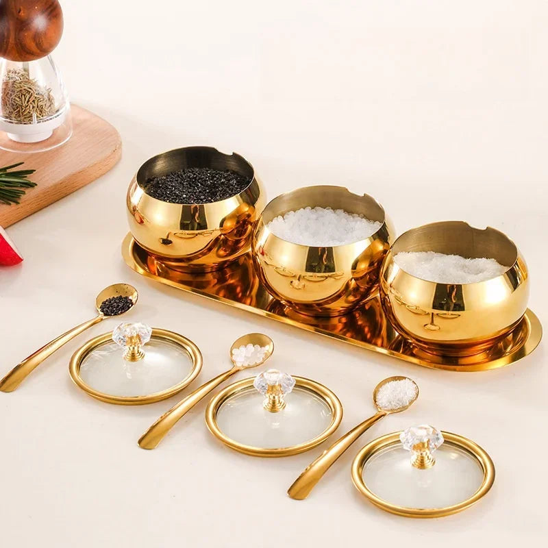 Gold and Silver Household Kitchen Condiment Pots for Serving Sugar Pepper Salt Spice Stainless Steel Sugar Bowl with Lid & Spoon