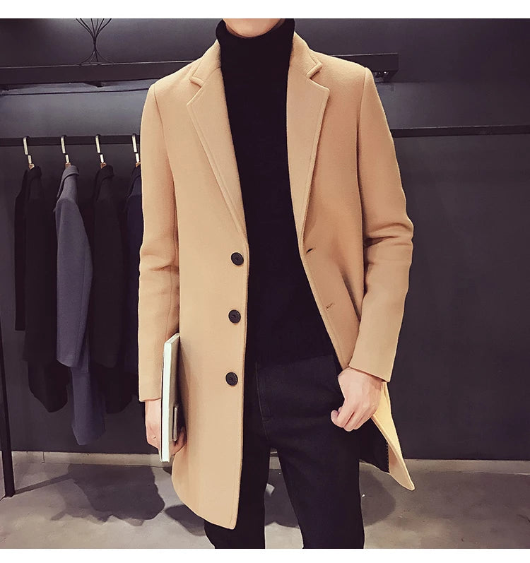 Autumn and Winter Slim Fit Long Wool Coat for Men's Single Breasted Lapel, Street Fashion Business Trench Coat for Men Clothing