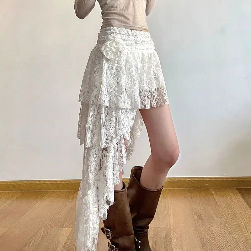 Lace Irregular Streetwear Bohemian Mini Skirts Y2k Aesthetic 3D Flower High Waist Skirt Ruffled Women Fairy Sexy Harajuku